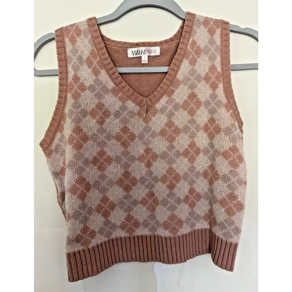 Girls Classic Sweater Vest Pink Argyle